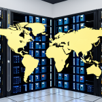 **

A secure data center with servers displaying encrypted data and padlock icons. Emphasize strong access control and multi-factor authentication. A world map in the background subtly hints at data location importance. KVKK and GDPR compliance badges are visible.

**