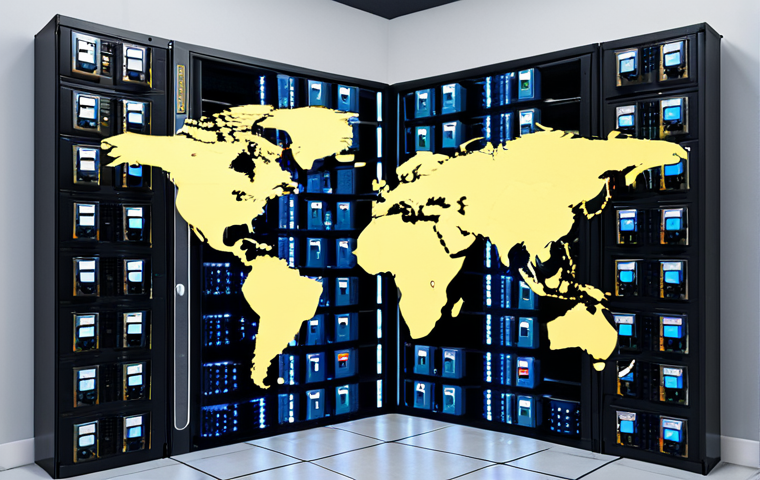 **
A secure data center with servers displaying encrypted data and padlock icons. Emphasize strong access control and multi-factor authentication. A world map in the background subtly hints at data location importance. KVKK and GDPR compliance badges are visible.
**