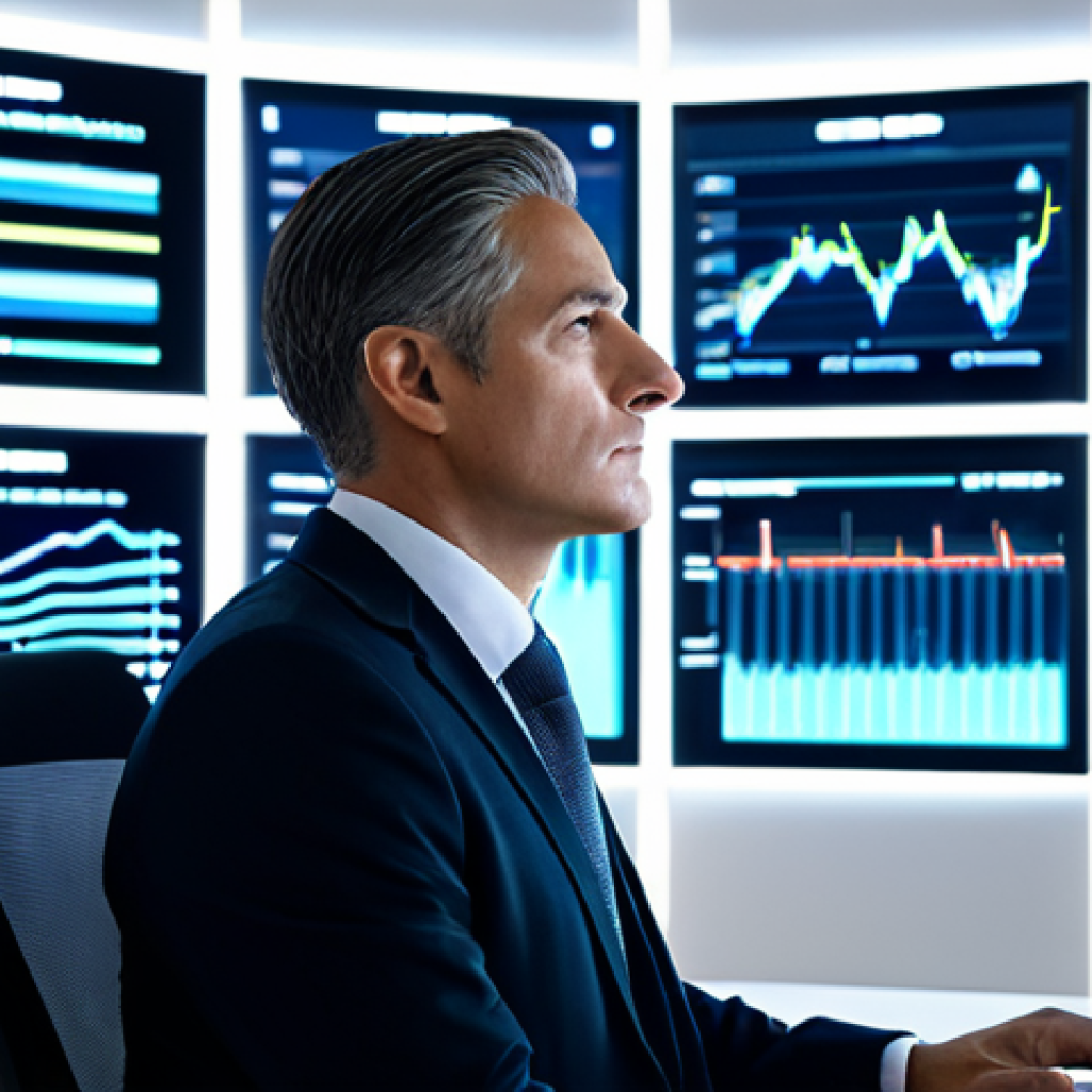 A professional individual in a modest business suit, seated at a sleek desk, looking thoughtfully at multiple holographic screens displaying abstract data visualizations. The background is a modern, clean office environment with subtle, glowing lines symbolizing data flow and connectivity. High-resolution, photorealistic, professional photography, soft lighting, depth of field. fully clothed, modest clothing, appropriate attire, professional dress, safe for work, appropriate content, perfect anatomy, correct proportions, natural pose, well-formed hands, proper finger count, natural body proportions, professional, family-friendly.