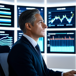A professional individual in a modest business suit, seated at a sleek desk, looking thoughtfully at multiple holographic screens displaying abstract data visualizations. The background is a modern, clean office environment with subtle, glowing lines symbolizing data flow and connectivity. High-resolution, photorealistic, professional photography, soft lighting, depth of field. fully clothed, modest clothing, appropriate attire, professional dress, safe for work, appropriate content, perfect anatomy, correct proportions, natural pose, well-formed hands, proper finger count, natural body proportions, professional, family-friendly.